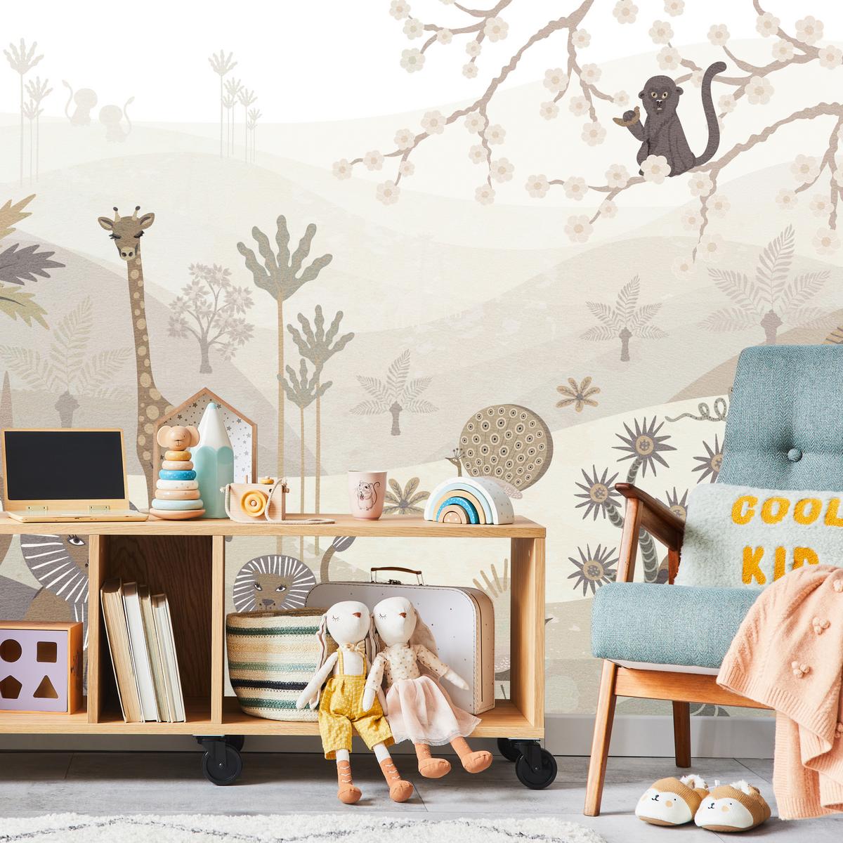 FOTOTAPETE für Kinderzimmer Safari Wilde Tiere Dschungel Boho Palmen Giraffe 400x280 - Beige/Creme, Papier (400/280cm) - Muralo