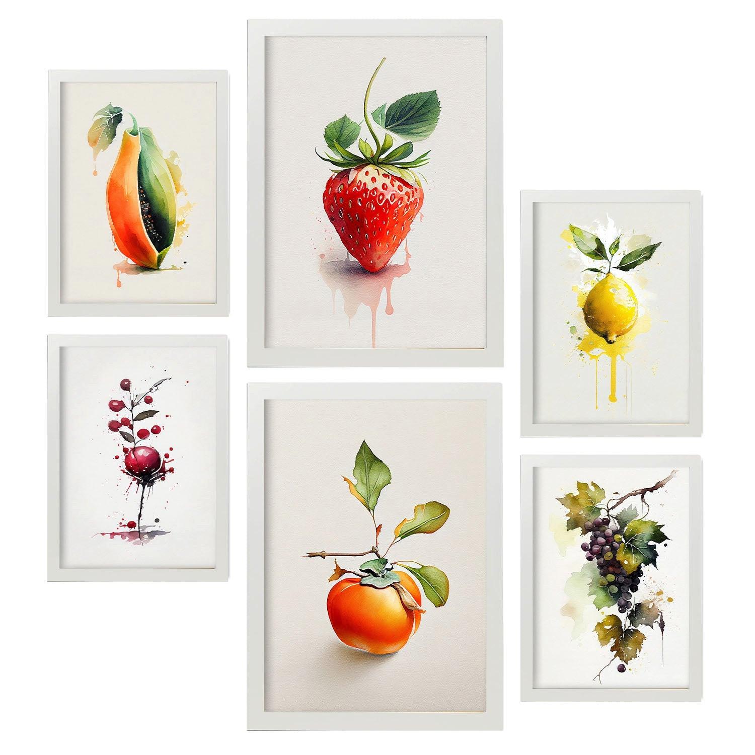 POSTER Set Mit 6 Lebendige Früchte Plakate Von Obst Gemüse & Gesunden Lebensmitteln Im Aquarell Kunst Auf Reinweißen A3 & A4 Weißer Rahmen - Weiß, Papier (29/3cm) - Nacnic