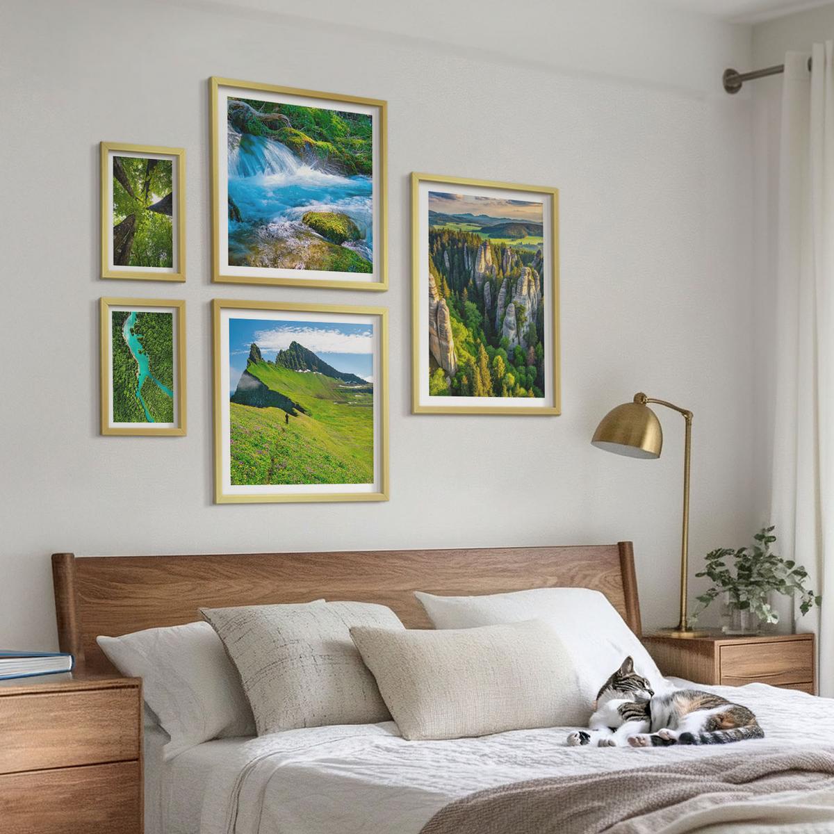 BILDER SET 5er Set - 50x50 cm & 20x30 cm & 40x60 cm Goldrahmen - Wasserfälle grüner Wald Wasser - Goldfarben, Kunststoff (40/60cm) - TULUP