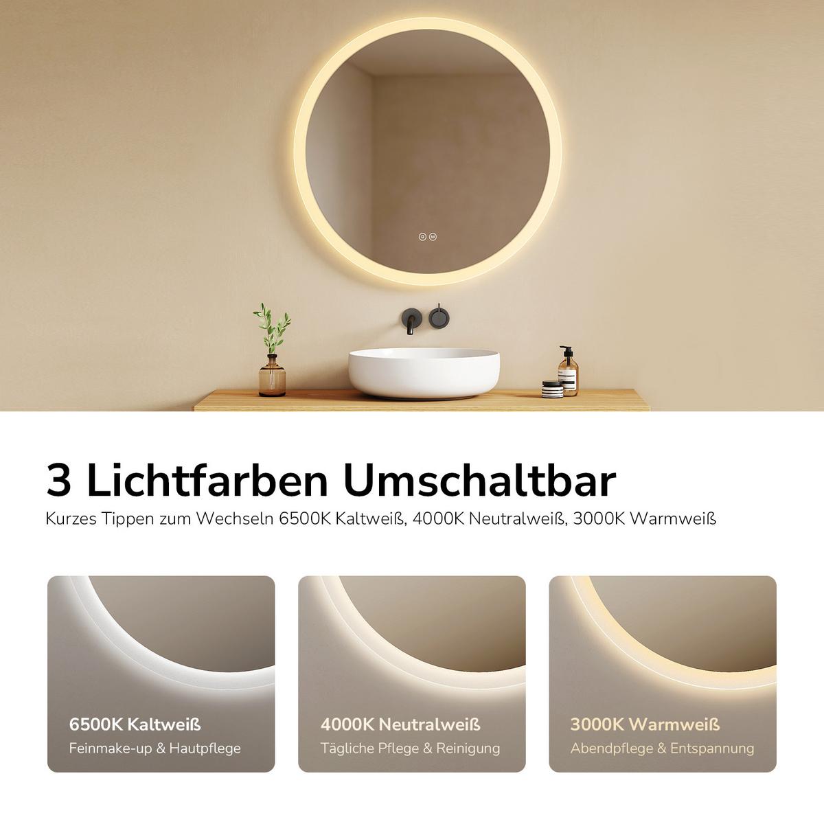 BADSPIEGEL mit Beleuchtung Ø70 cm - Transparent, Glas (70/70/3.5cm) - EMKE