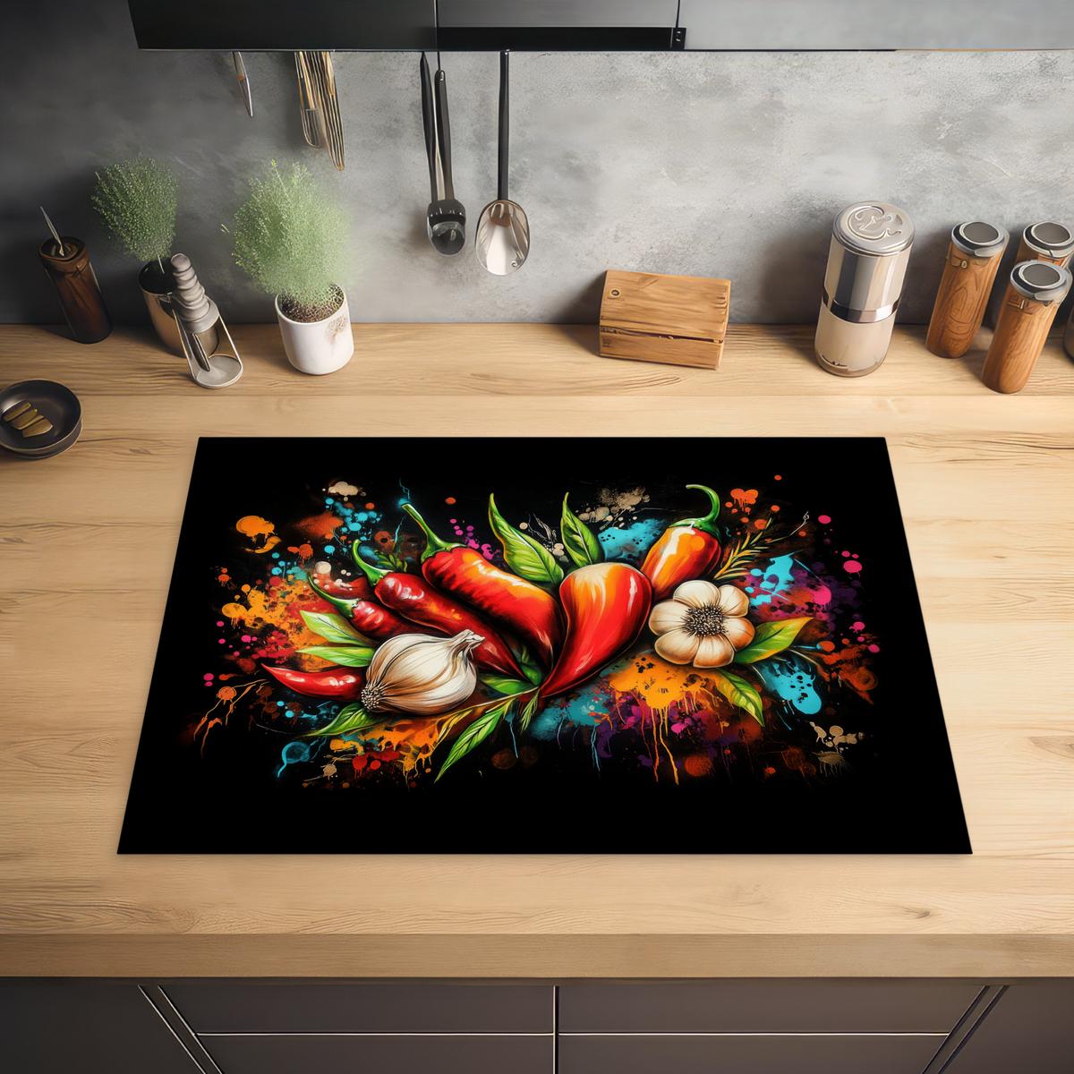 HERDABDECKPLATTE Gemüse - Paprika - Knoblauch - Graffiti - Farbe - Bunt Herdabdeckung Induktionsfeld 75x52 cm - Rot, Kunststoff (75/52/0.2cm) - MuchoWow