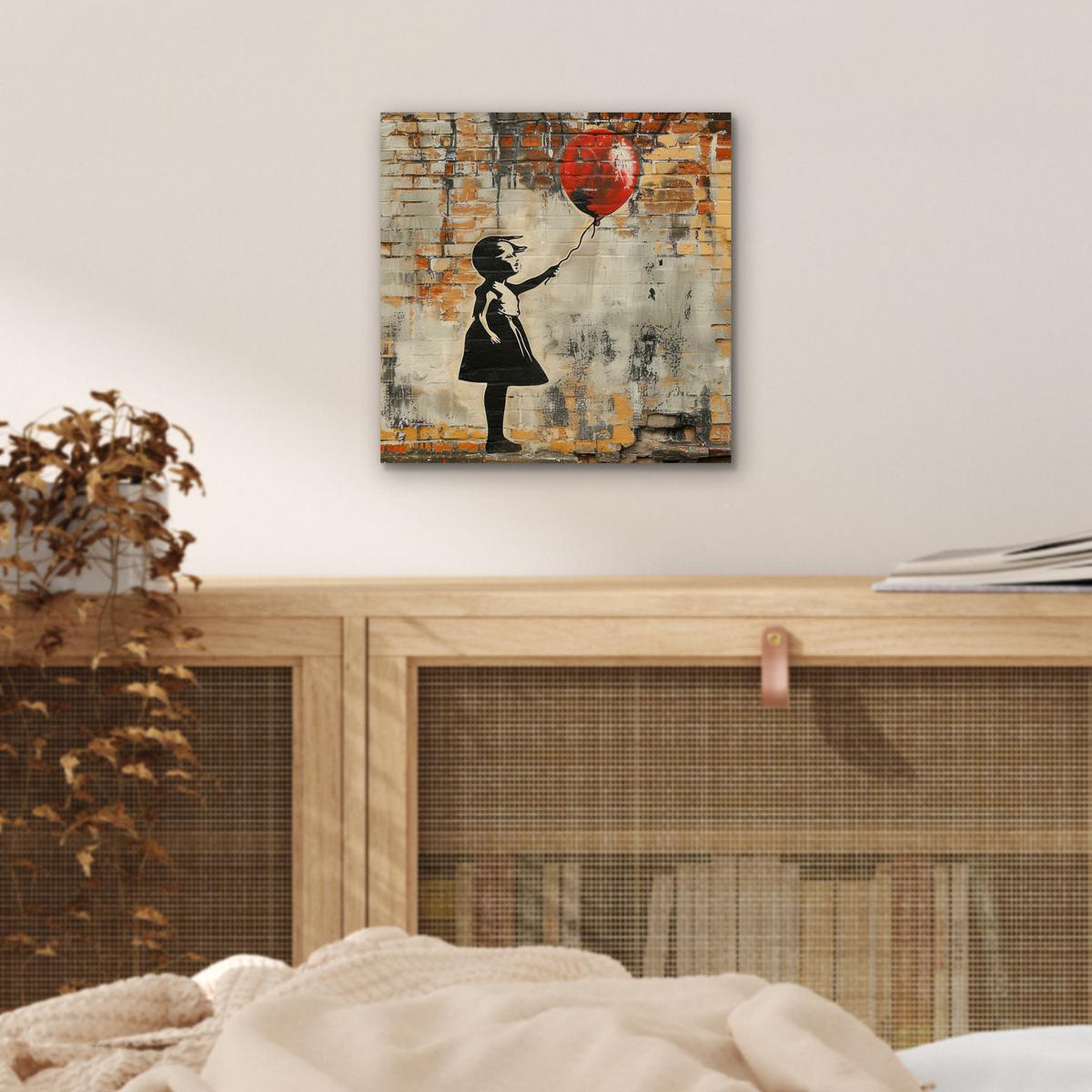 METALLBILD Graffiti - Banksy - Mädchen - Straßenkunst 20x20 cm - Sandfarben, Metall (20/20cm) - MuchoWow