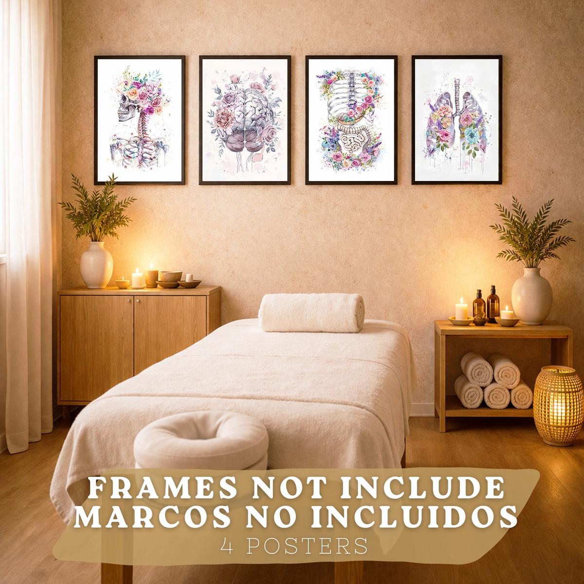 POSTER Set aus 4 Anatomie Mensch Drucke und Wandbilder mit Schädel Lungen Verdauungssystem und Gehirn Florales Aquarell Design Größe Rahmenlos A3 - Klar, Papier (29.7/42/3cm) - Nacnic