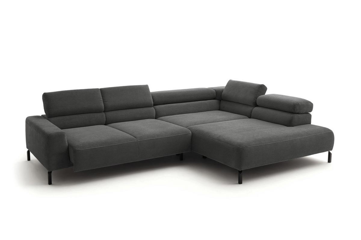 ECKSOFA DELIA Grau Cord Relaxfunktion - Schwarz/Grau, Textil/Metall (276/219cm) - KAWOLA