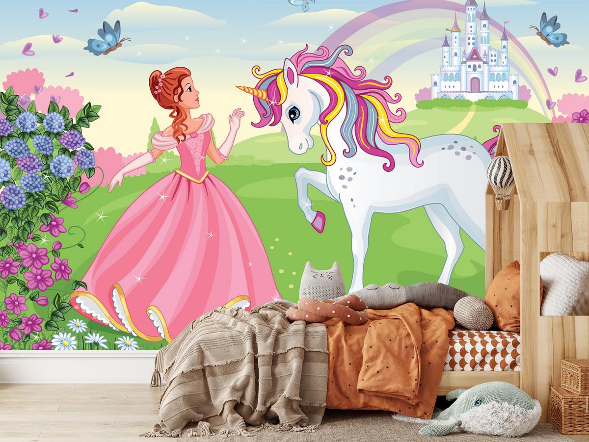 FOTOTAPETE für Kinderzimmer Prinzessin Einhorn Schloss Blumen 250x175 - Blau/Gelb, Papier (250/175cm) - Muralo