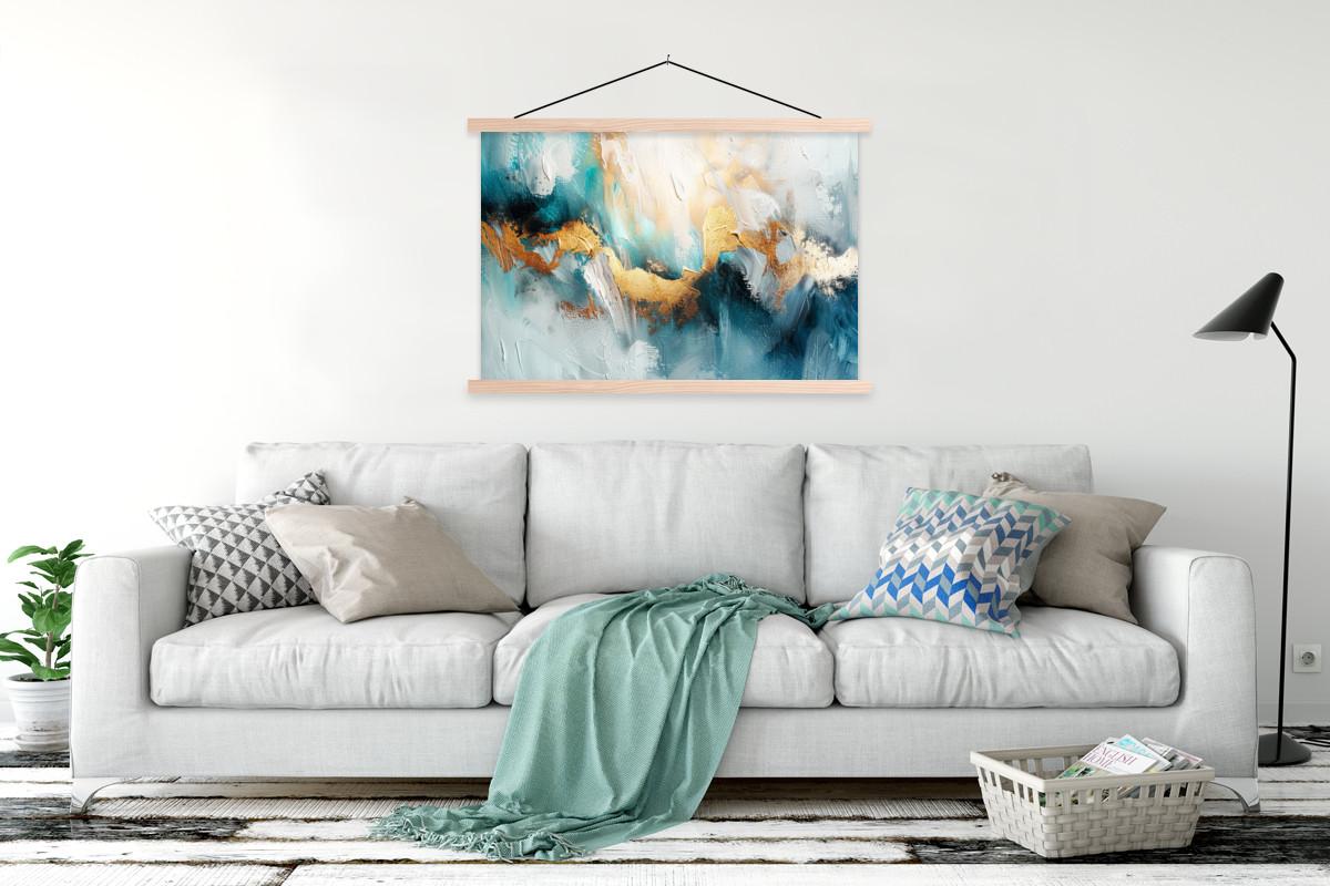 POSTER MIT MAGNETLEISTEN Abstrakt - Kunst - Gold - Blau Magnetleiste 120x80 cm - Petrol, Textil (120/80/0.15cm) - MuchoWow