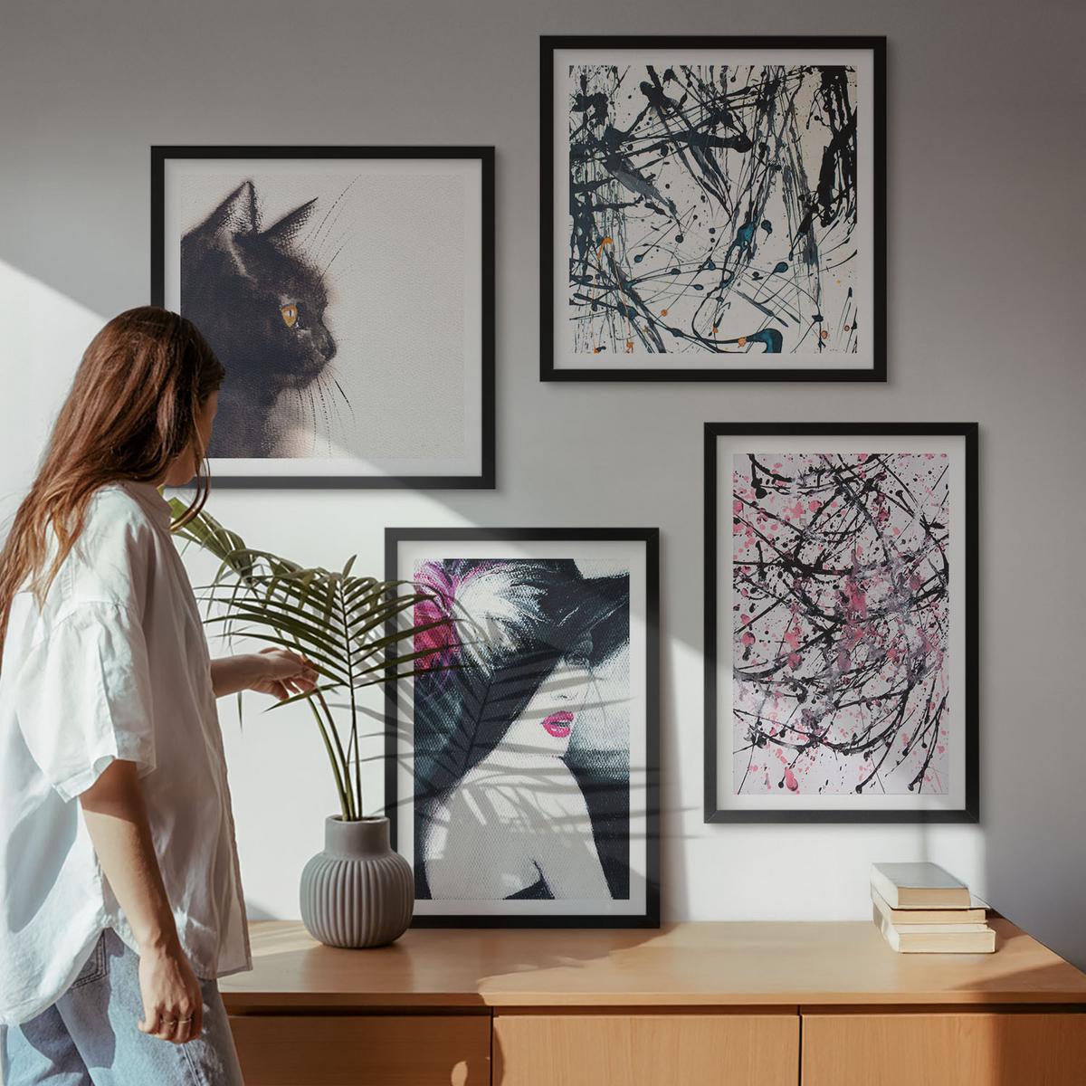 BILDER SET 4er Set - 50x50 cm & 40x60 cm Schwarzer Rahmen - Abstrakte Katzenmalereien - Schwarz, Kunststoff (50/50cm) - TULUP