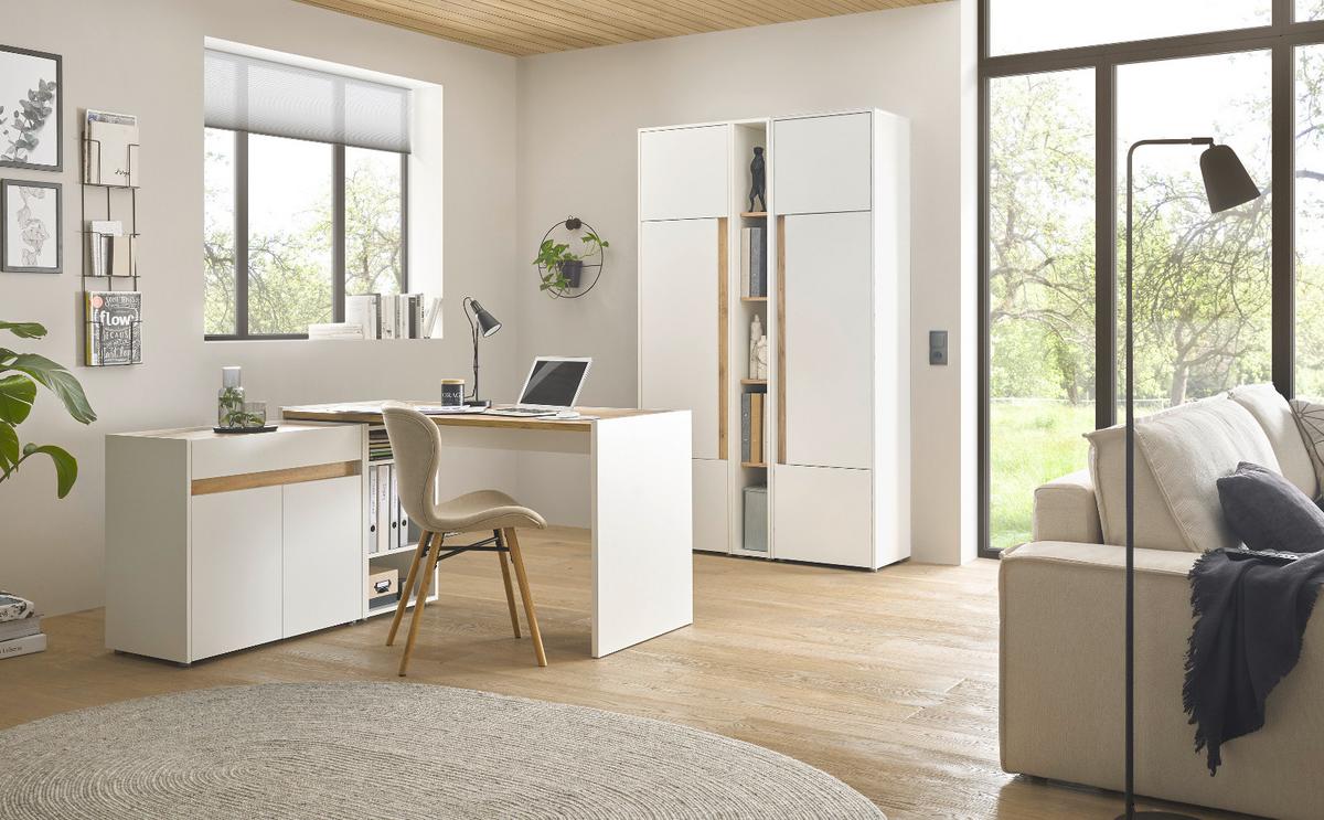 SCHREIBTISCHKOMBINATION 6-teilig weiß matt, Eiche Wotan, Büromöbel Set mit viel Stauraum - Eichefarben/Eiche Wotan, Holzwerkstoff/Kunststoff (140/263/200cm) - Furn.Design