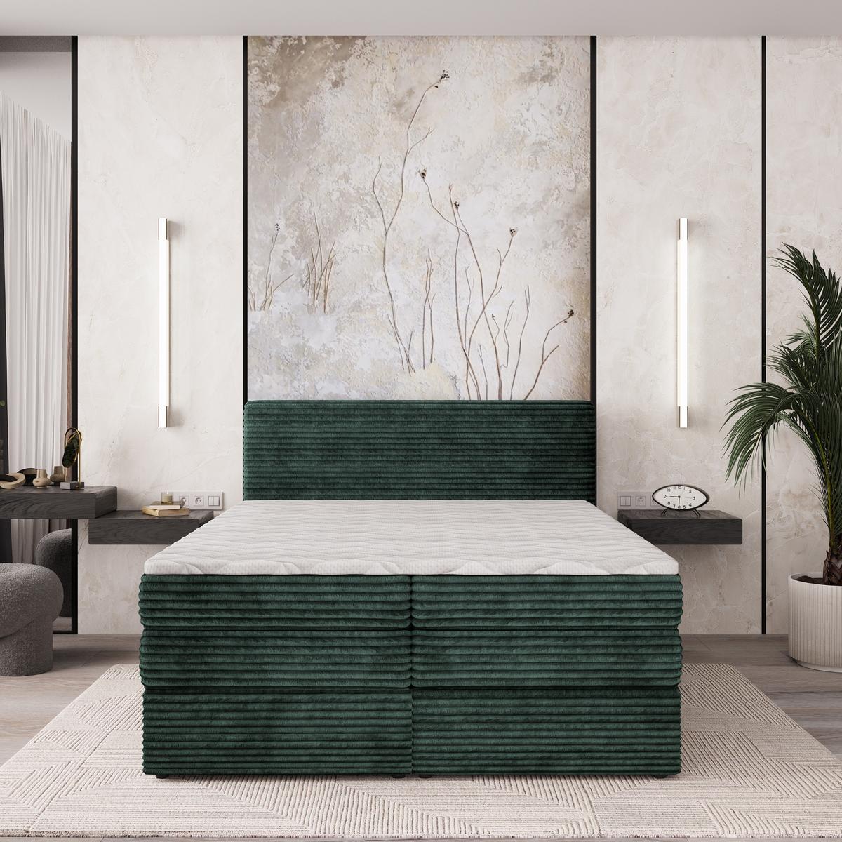 BOXSPRINGBETT LUNERA 180x200 cm mit Matratze und Topper - Grün - Grün, Holz (180/200cm) - MASSENO