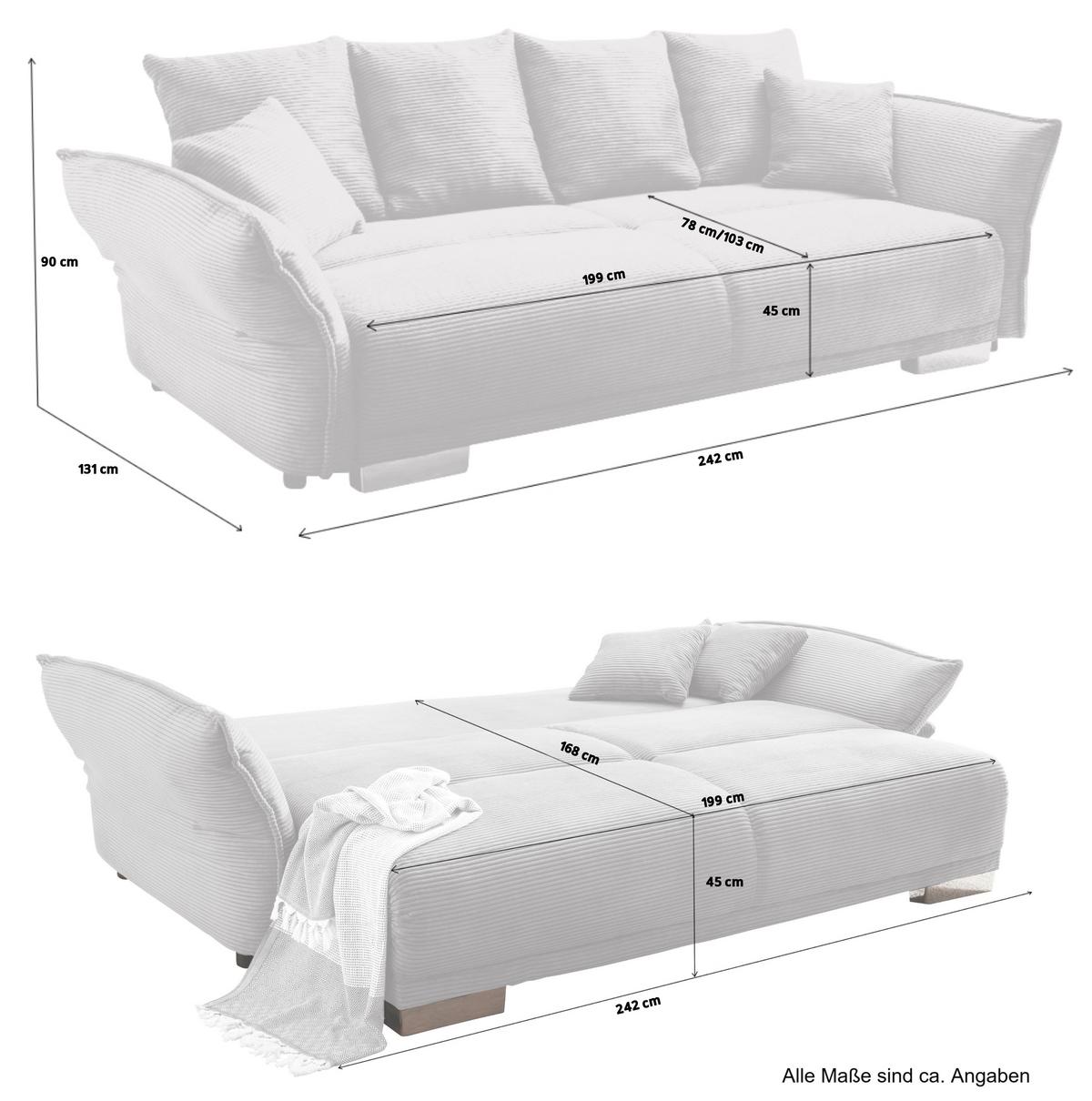 BIG-SOFA mit Schlaffunktion, Bettkasten, Federkern, Armlehnen verstellbar B242/T131/H90 cm, Liegefläche 168x199 cm, Cord Beige Grau / 17215 - Chromfarben/Greige, Kunststoff/Textil (242/90/131cm) - luma-home