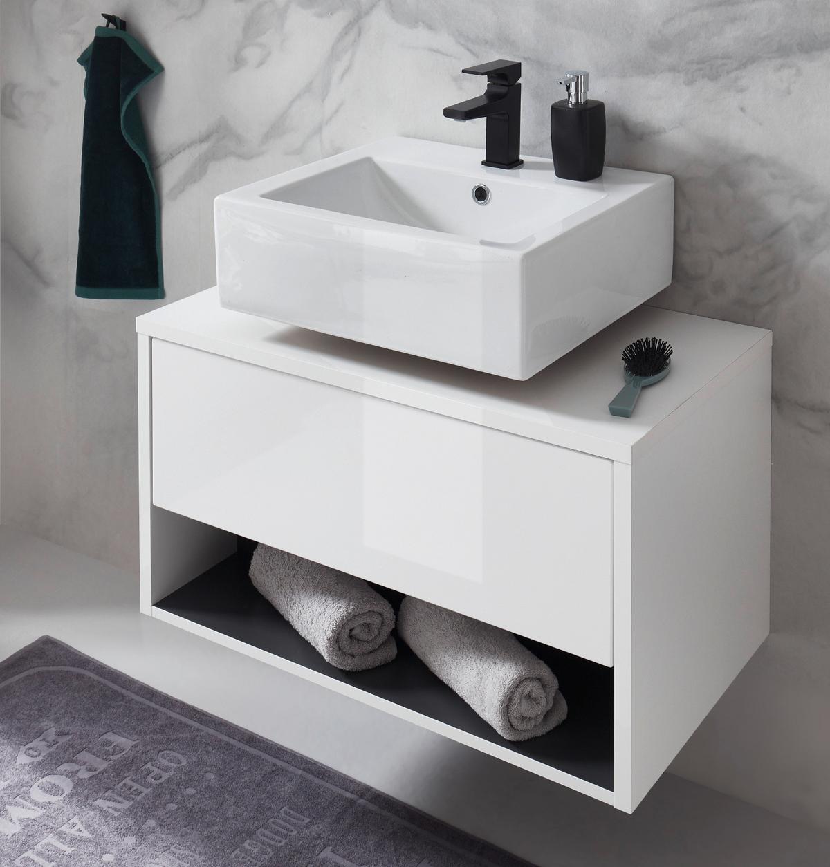 WASCHBECKENUNTERSCHRANK weiß Hochglanz, grau 80 cm hängend - Weiß Hochglanz/Grau, Holzwerkstoff/Metall (80/44/46cm) - Furn.Design