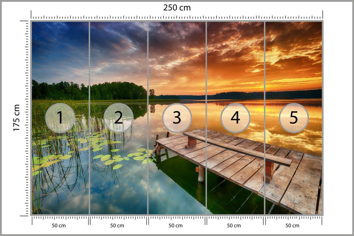 FOTOTAPETE für Wohnzimmer Sonnenuntergang See Steg Bäume 250x175 - Gelb/Beige, Papier (250/175cm) - Muralo
