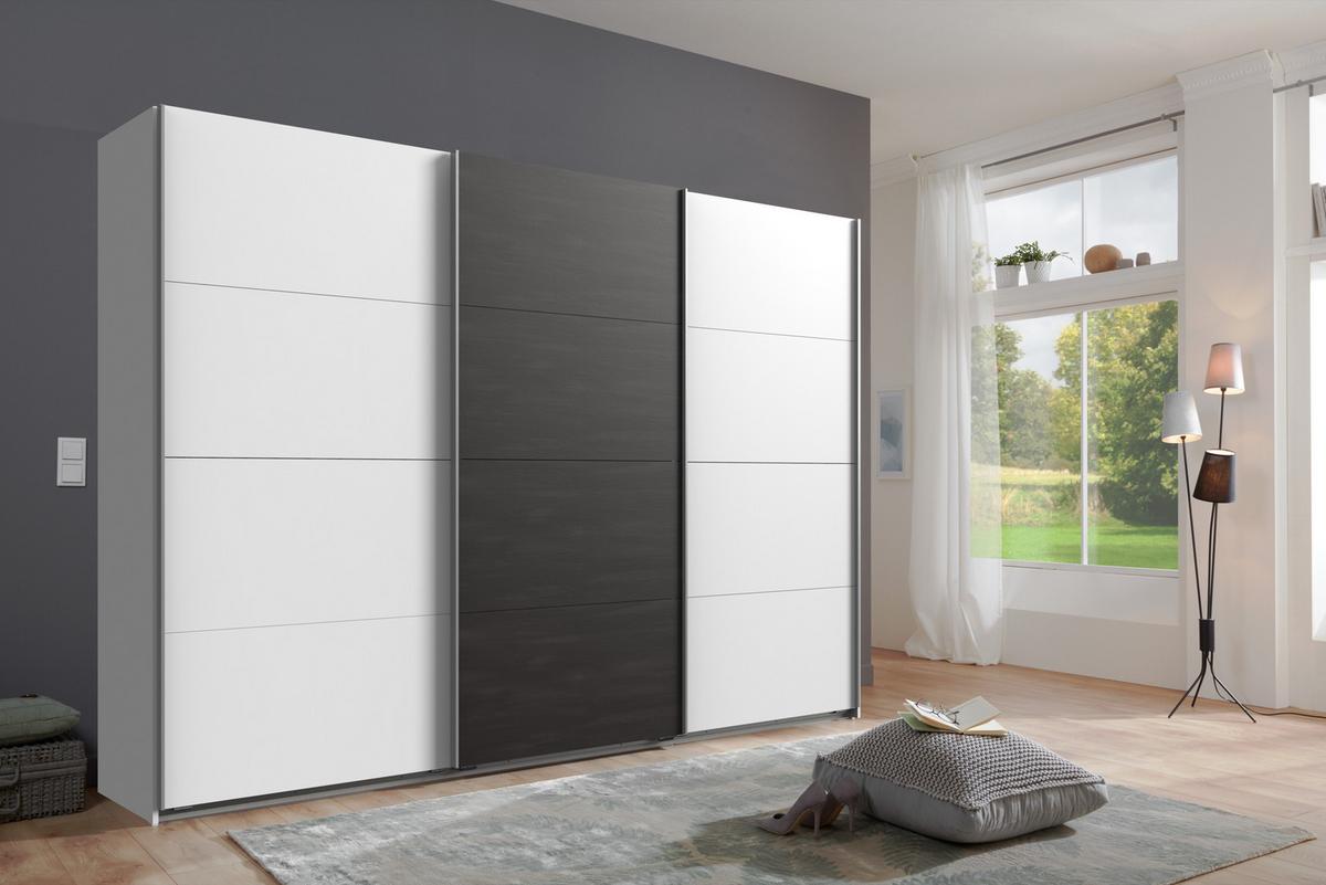 SCHWEBETÜRENSCHRANK 3-türig B270/H208/T65 cm, Kleiderschrank in Weiß, Mitteltür in grauer Stahl-Optik / 22003 - Alufarben/Schwarz, Holzwerkstoff/Metall (270/208/65cm) - luma-home