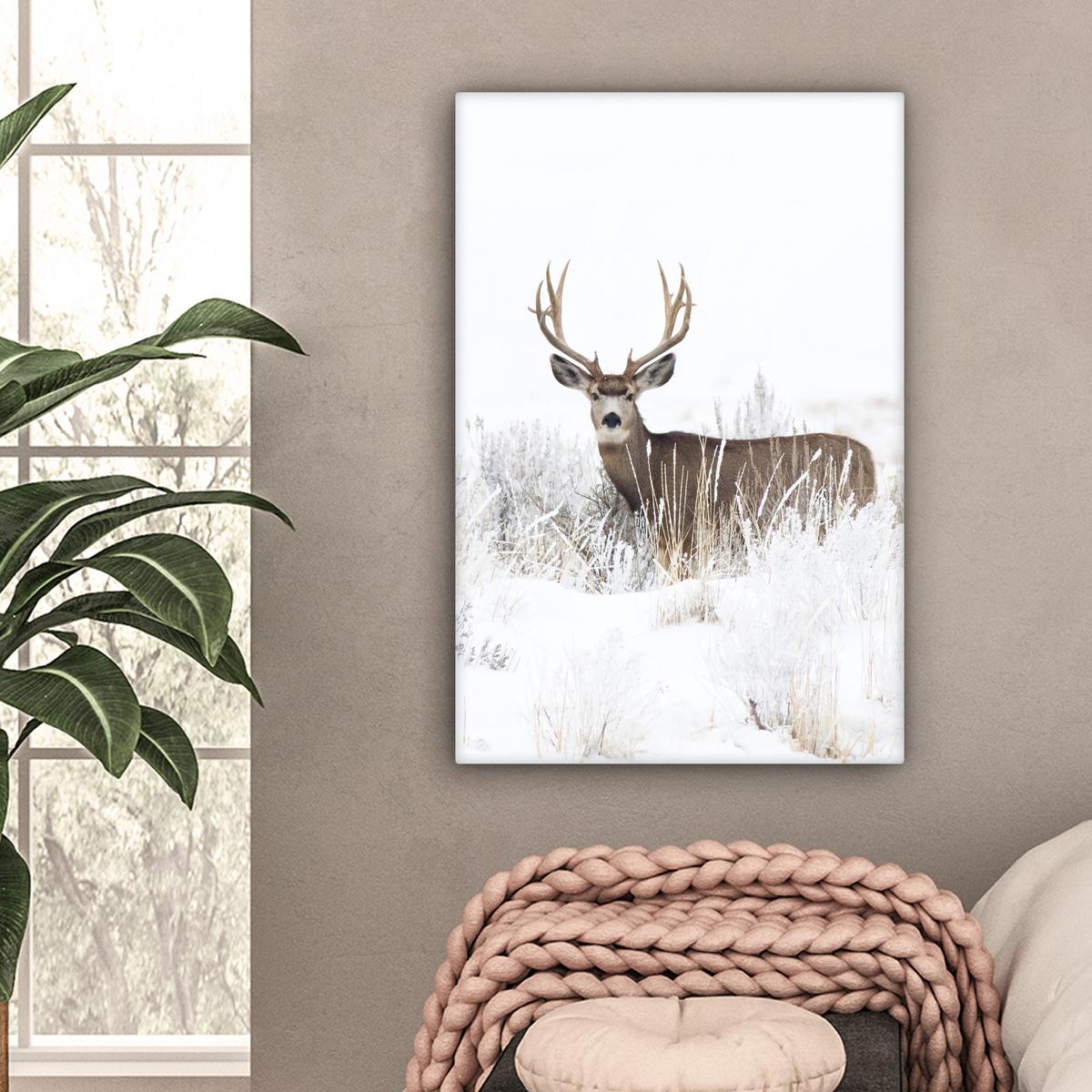 LEINWANDBILD Hirsche - Winter - Schnee - Tiere - Jahreszeiten - Weiß Wanddeko 40x60 cm - Hellbraun, Textil (40/60cm) - MuchoWow