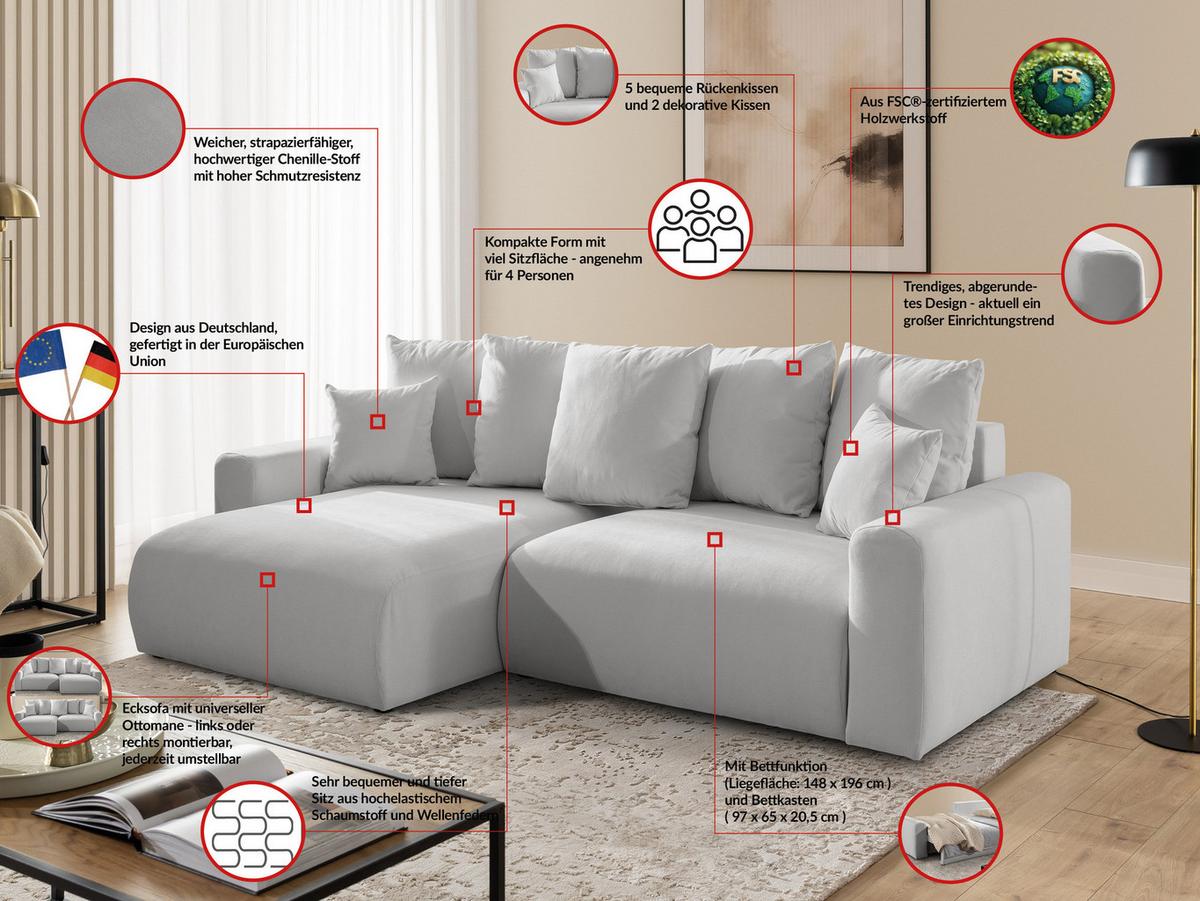 ECKSOFA Calma mit Schlaffunktion und Bettkasten im Bumpy-Design aus weichem Grau Webstoff - Ottomane links - Schwarz/Grau, Holz/Kunststoff (239/140cm) - S-Style