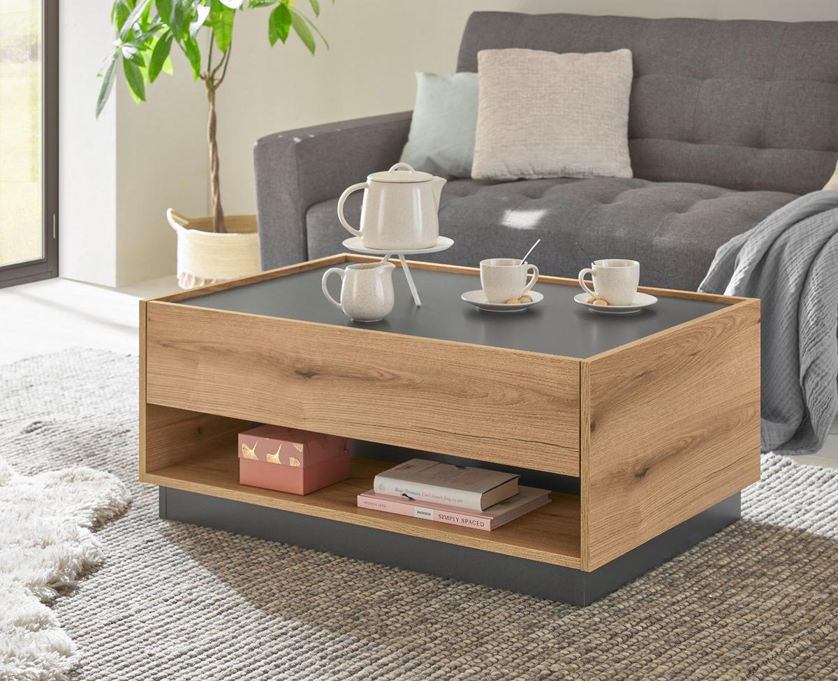 COUCHTISCH Evoke Eiche, grau 90 x 60 cm, Wohnzimmertisch mit Stauraum - Eichefarben/Schwarz, Holzwerkstoff/Metall (90/60/38cm) - Furn.Design