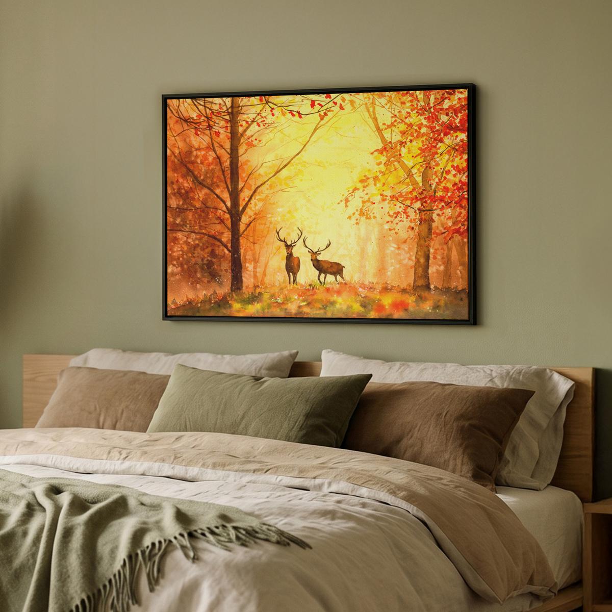 LEINWAND Bilder mit Rahmen - Natur - Ölfarbe - Hirsche - Tiere - Herbst - Orange - 70x50 - Orange, Textil (70/50cm) - MuchoWow