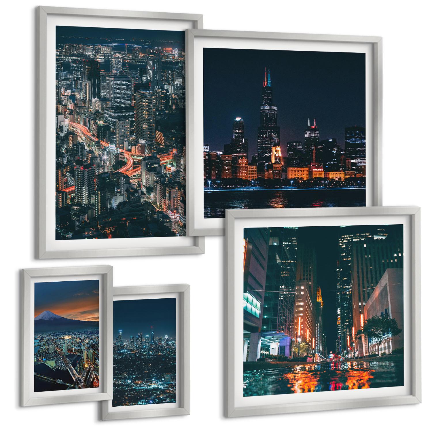 BILDER SET 5er Set - 50x50 cm & 20x30 cm & 40x60 cm Silberner Rahmen - Bergpanorama der Stadt bei Nacht - Silberfarben, Kunststoff (40/60cm) - TULUP