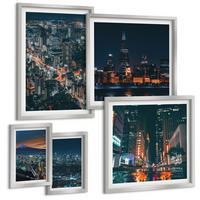 BILDER SET 5er Set - 50x50 cm & 20x30 cm & 40x60 cm Silberner Rahmen - Bergpanorama der Stadt bei Nacht - Silberfarben, Kunststoff (40/60cm) - TULUP