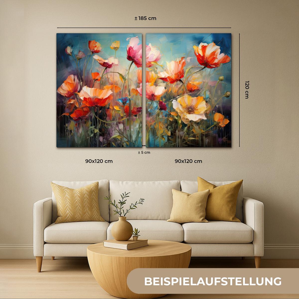 LEINWANDBILD 2er Set Blumen - Bunt - Abstrakt 120x80 cm - Blaugrau, Textil (120/80cm) - MuchoWow