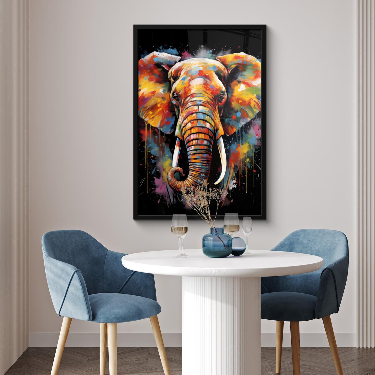 POSTER MIT RAHMENGERAHMTES BILD Elefant - Graffiti - Schwarz - Tiere - Farben 60x90 cm - Schwarz, Papier (60/90cm) - MuchoWow