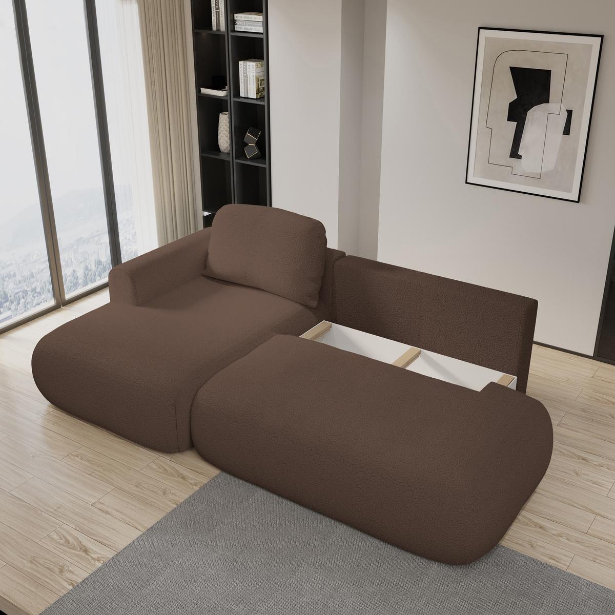ECKSOFA NUVIRA L-S Braun Boucle-Stoff mit Schlaffunktion - Braun, Holz (279/158cm) - MASSENO