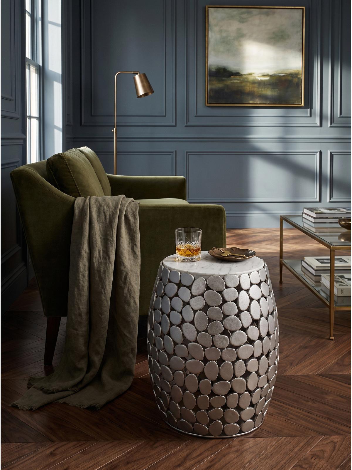 BEISTELLTISCH DIEMEL, Marmor, handgefertigt, Silber-Weiß, Ø 40 x 46 cm - Silberfarben, Stein/Metall (40/40/46cm) - KADIMA DESIGN