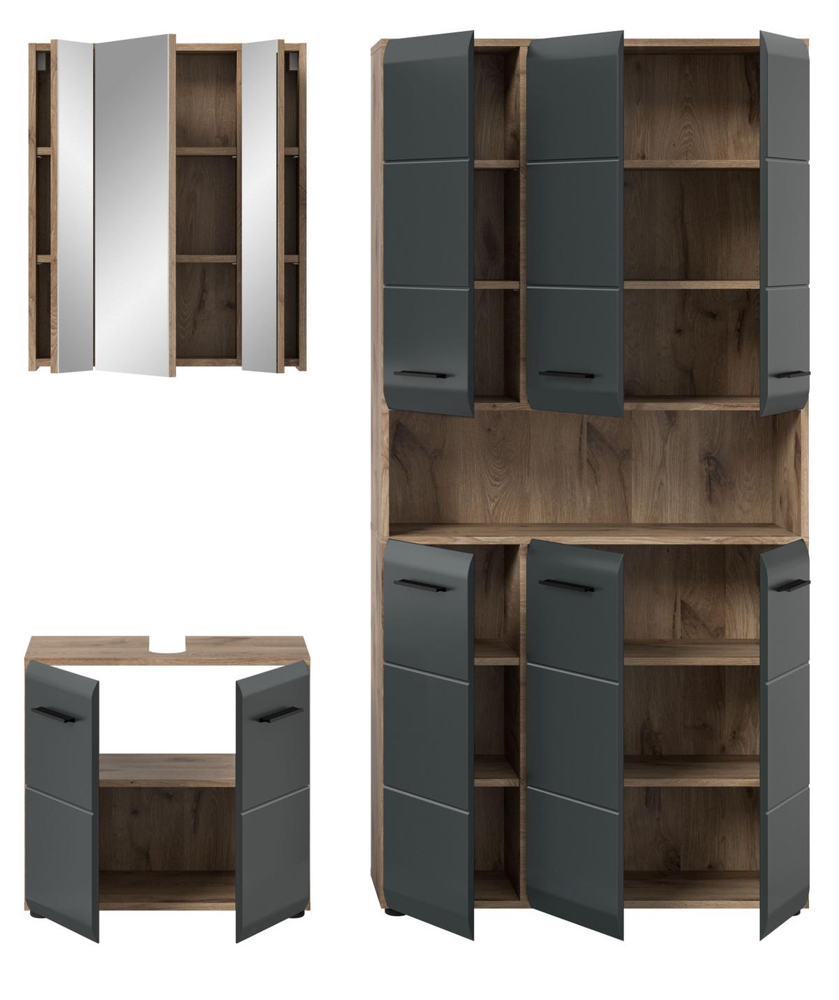BADMÖBEL-SET schwarz matt, Nox Eiche 3-teilig, Komplettset mit viel Stauraum - Eichefarben/Schwarz, Glas/Holzwerkstoff (165/185/30cm) - Inn.Furn