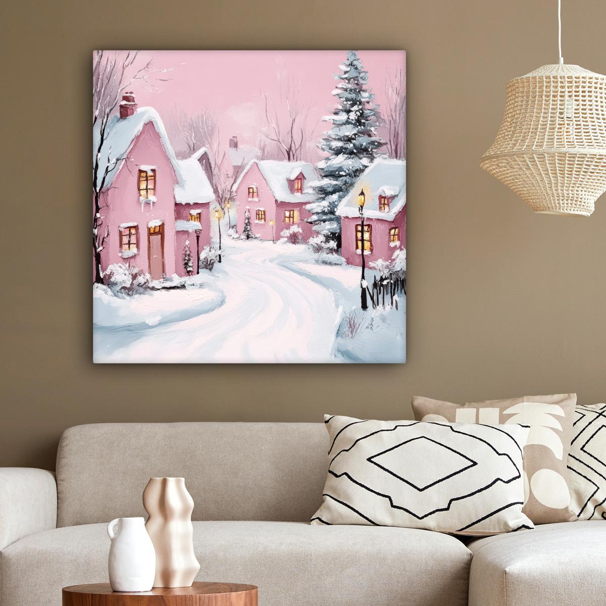 LEINWANDBILD Weihnachtsdorf - Rosa - Winter - Schnee - Häuser Deko Groß 90x90 cm - Altrosa, Textil (90/90cm) - MuchoWow