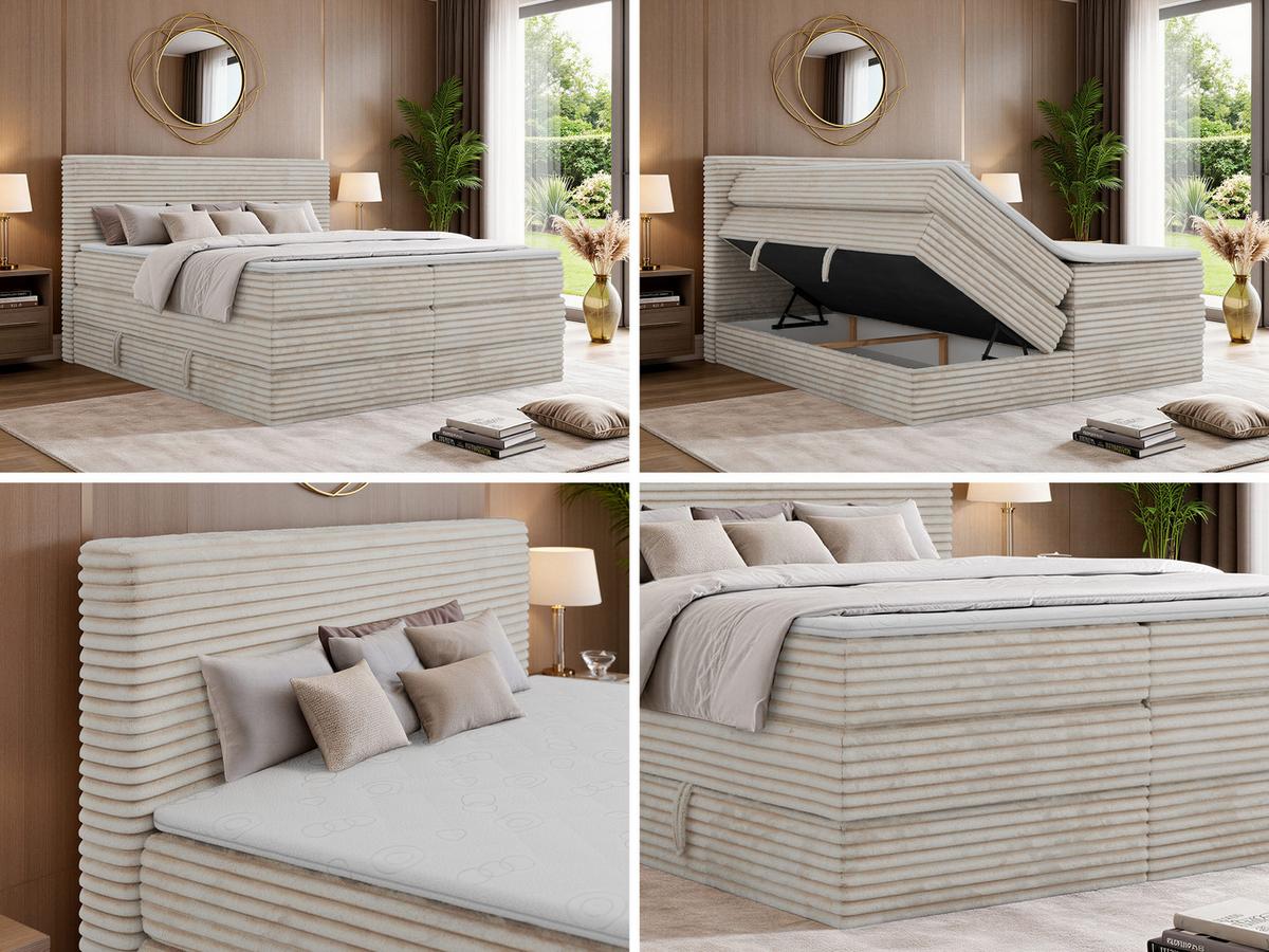 BOXSPRINGBETT TILION KING 200/200 - Beige Cord - Topper Visco - H3 - Beige/Schwarz, Kunststoff/Textil (200/200cm) - MKS
