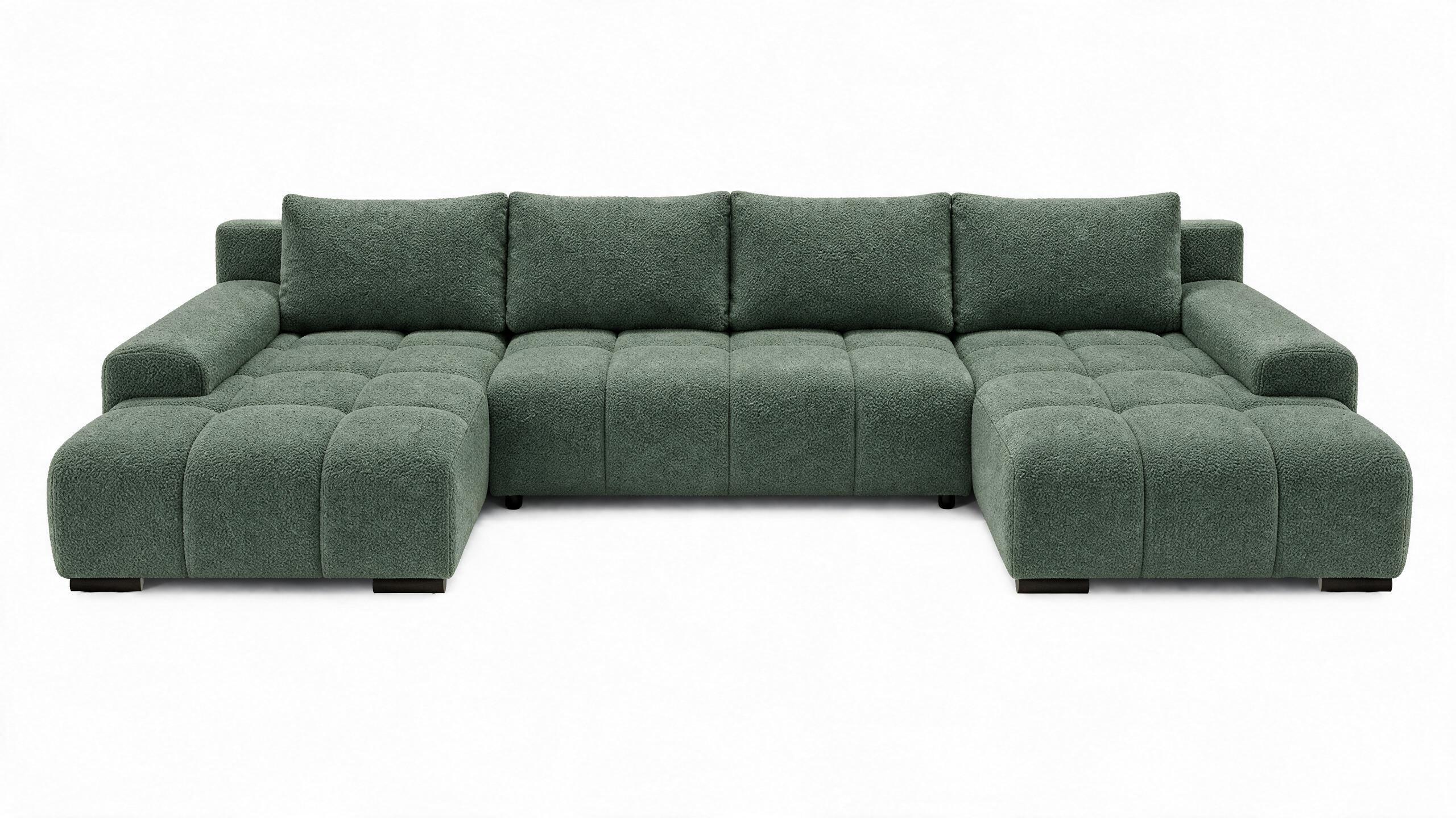 WOHNLANDSCHAFT OVIA U mit Bettkasten und Schlaffunktion, Bouclé-Stoff in U-Form - Grün, Textil (350/80/185cm)