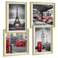 BILDER SET 4er Set - 50x50 cm & 40x60 cm Goldrahmen - Rote Busse in der Stadt - Goldfarben, Kunststoff (50/50cm) - TULUP