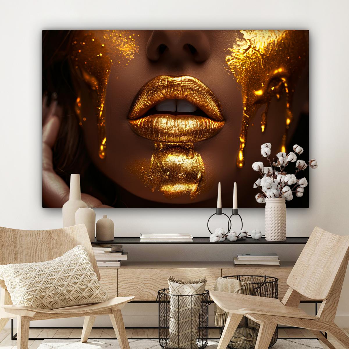 LEINWANDBILD Frau - Gold - Luxus - Porträt Groß 140x90 cm - Goldfarben, Textil (140/90cm) - MuchoWow