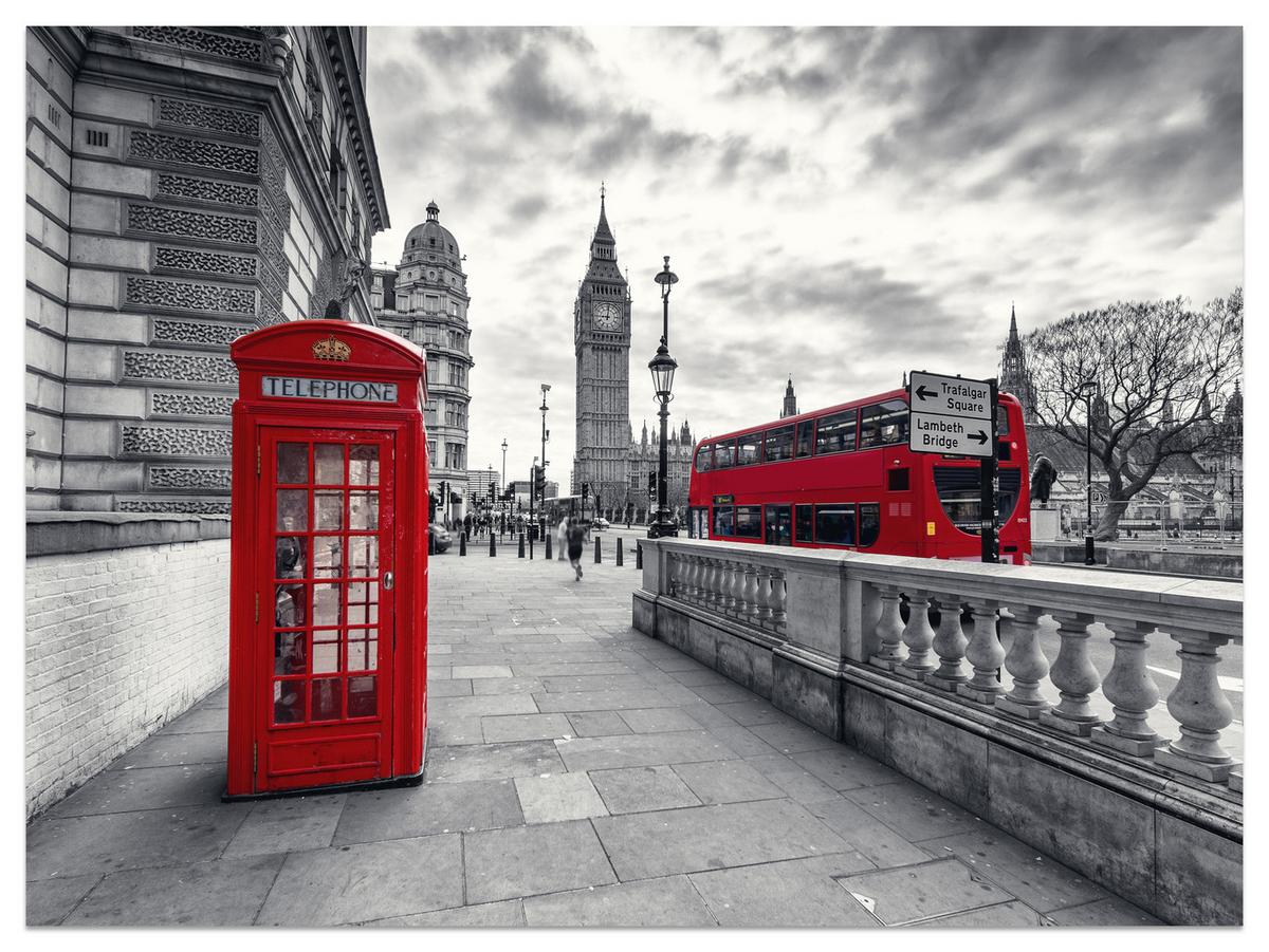 FOTOTAPETE für Wohnzimmer Rote Telefonzelle London Monument BIG BEN Bus 150x105 - Rot/Weiß, Papier (150/105cm) - Muralo