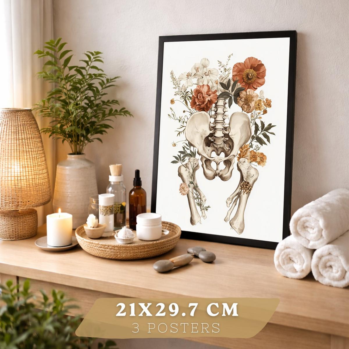 POSTER Set aus 3 Anatomie Mensch Florale Vintage Drucke und Wandbilder mit Herz Brustkorb und Becken Wanddekoration Größe Schwarzer Rahmen A4 - Schwarz, Papier (21/29.7/3cm) - Nacnic