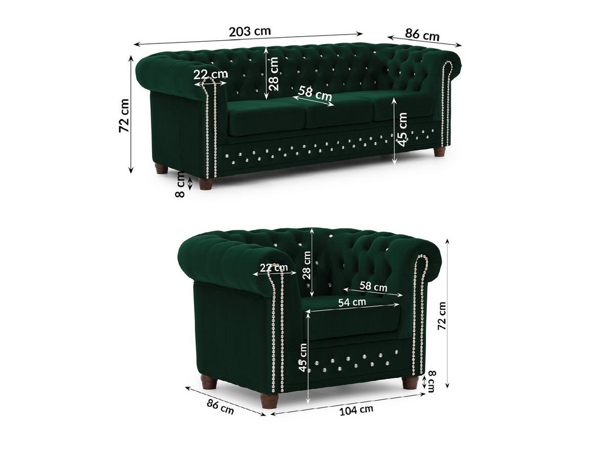 SITZGARNITUR 3+1 Chesterfield Cleo Blink Flasche Grün Samt mit Kristallsteppung und braunen Massivholzfüßen - Braun/Grün, Holz/Textil (203/72/86cm) - S-Style Möbel