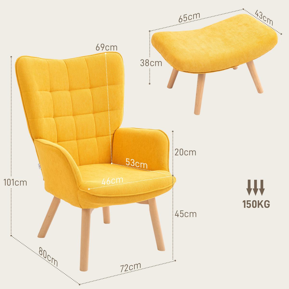 OHRENSESSEL mit Hocker, Relaxsessel, Polstersessel in Kordoptik, Loungesessel - Buchefarben/Orange, Holz/Buchenholz (80/101/72cm) - HOMCOM