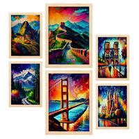 POSTER Set Mit 6 Weg Im Ölgemälde Stil A3 & A4 Rahmen Aus Hellem Holz - Beige, Papier (29/3cm) - Nacnic