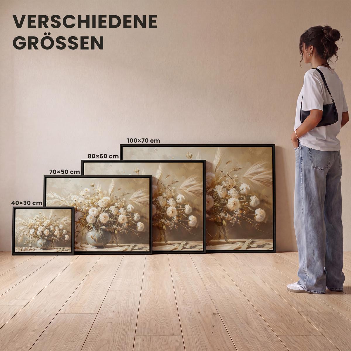 LEINWAND Bilder mit Rahmen - Blumen - Vase - Stilleben - Beige - 40x30 - Creme, Textil (40/30cm) - MuchoWow