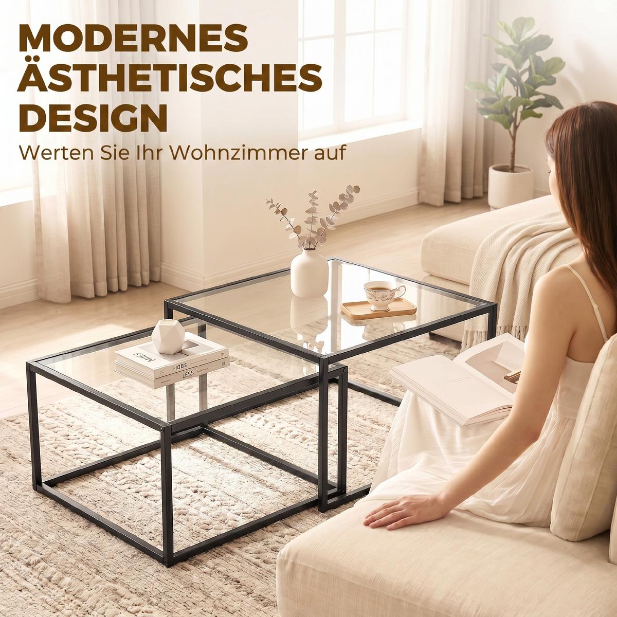 COUCHTISCHE 2er Set Gehärtetes Glas Metall Schwarz - Schwarz, Glas/Metall (75/75/42cm) - HOMCOM