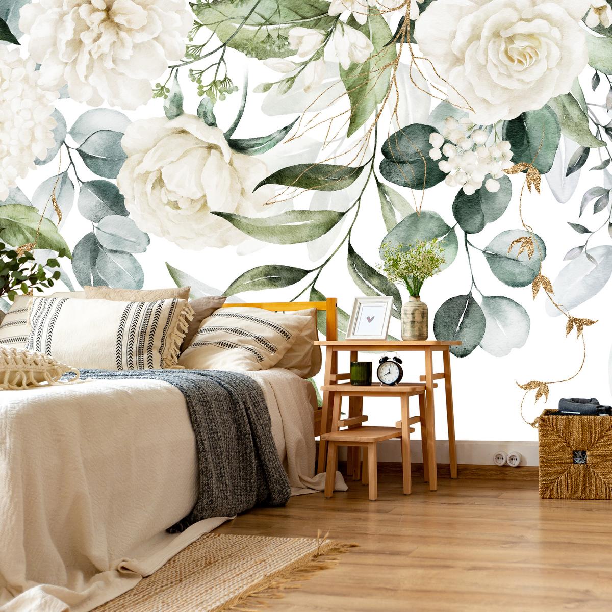 FOTOTAPETE für Schlafzimmer Aquarell Weiße Blumen Pfingstrosen Blätter Natur 350x256 - Creme/Weiß, Papier (350/256cm) - Muralo