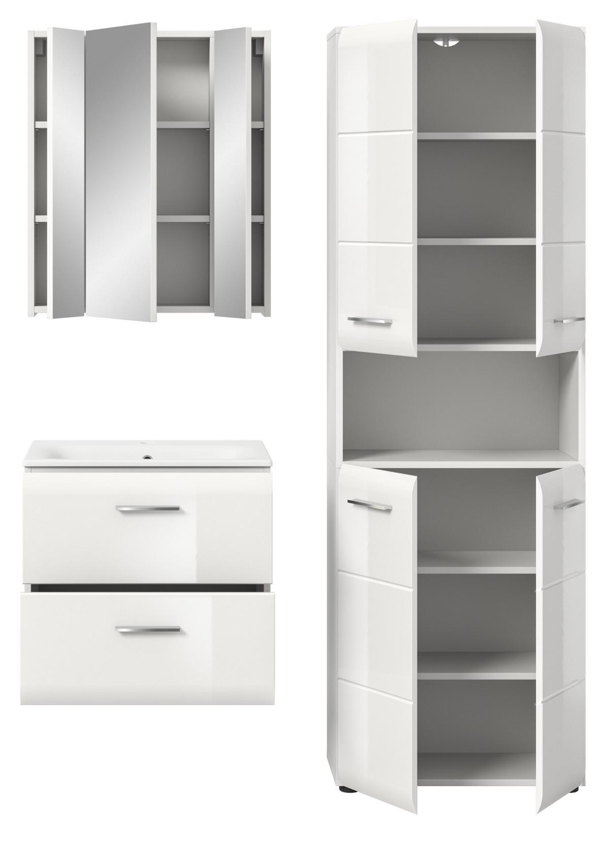 BADMÖBEL SET 3-teilig in weiß Hochglanz Badkombination 135 x 185 cm Cover - Weiß Hochglanz/Schwarz, Holzwerkstoff/Kunststoff (135/185/46cm) - Inn.Furn