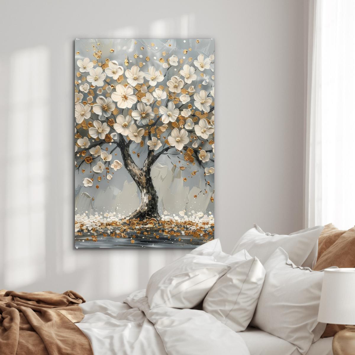 ACRYLGLASBILD Baum - Blumen - Weiß - Natur - Kunst 80x120 cm - Weiß, Glas (80/120cm) - MuchoWow