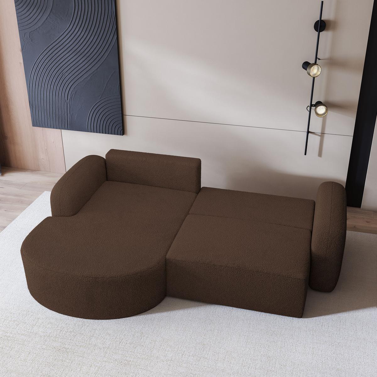 ECKSOFA AMILIA L-S Braun Boucle-Stoff mit Schlaffunktion - Braun, Holz (263/174cm) - MASSENO