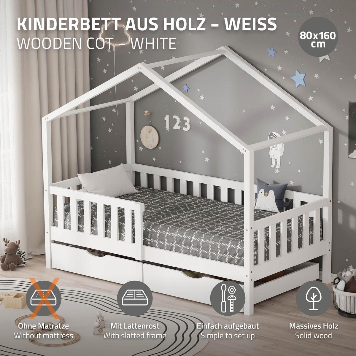 HAUSBETT 80x160 cm Weiß aus Kiefernholz mit 2 Schubladen und Rausfallschutz - Weiß, Holz (80/160cm) - ML-DESIGN
