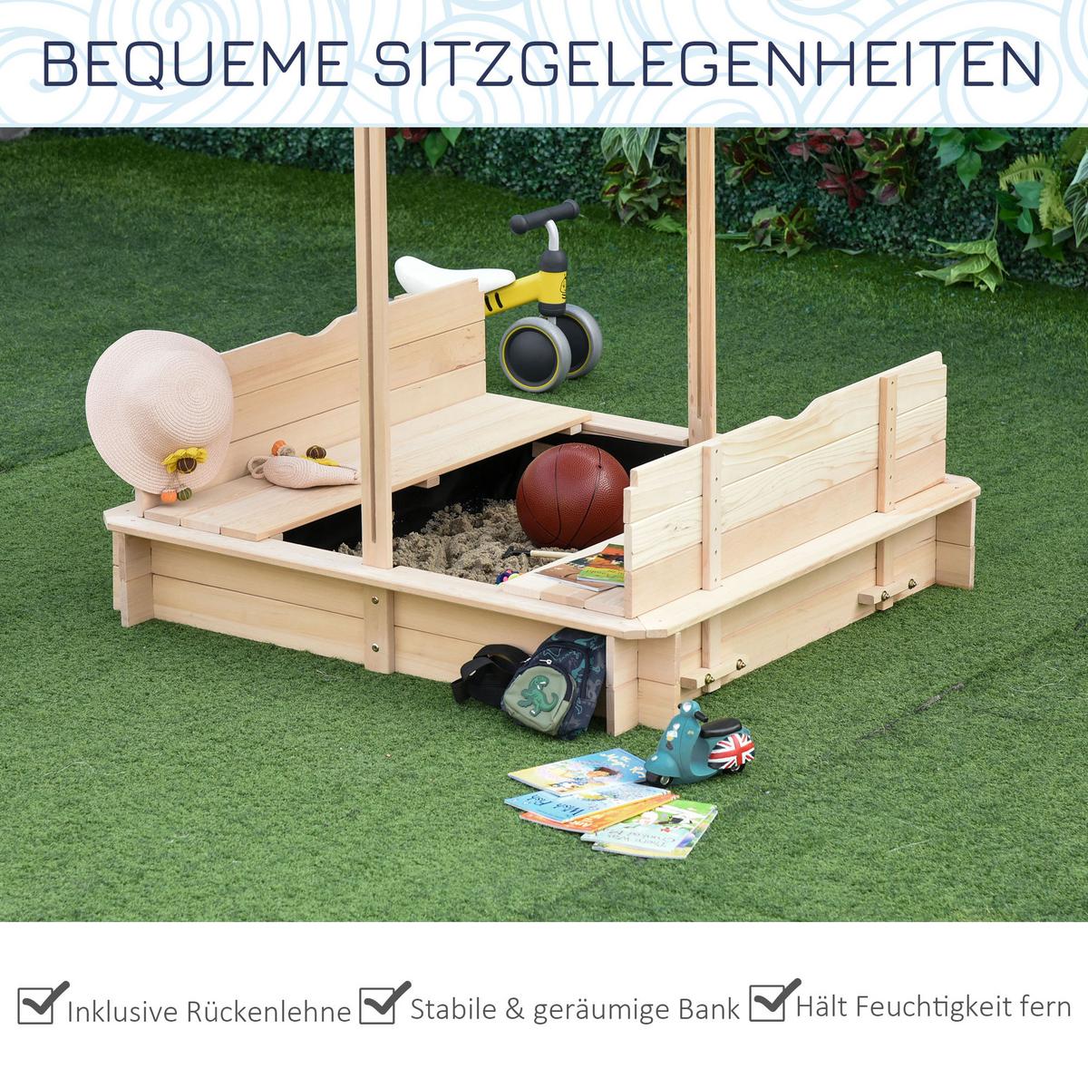 SANDKASTEN mit Dach abnehmbar Rücklehnen Tannenholz 3-7 Jahren Natur - Naturfarben, Holz (106/106/115cm) - Outsunny