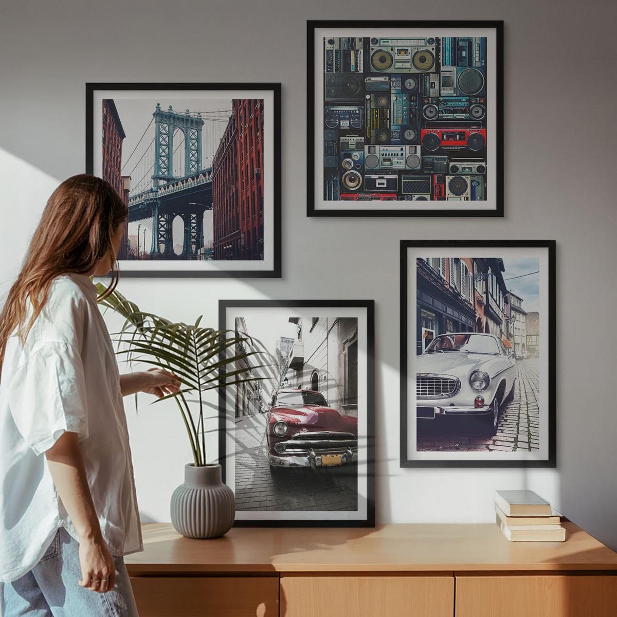 BILDER SET 4er Set - 50x50 cm & 40x60 cm Schwarzer Rahmen - Old Cars Brooklyn Retro-Audio - Schwarz, Kunststoff (50/50cm) - TULUP