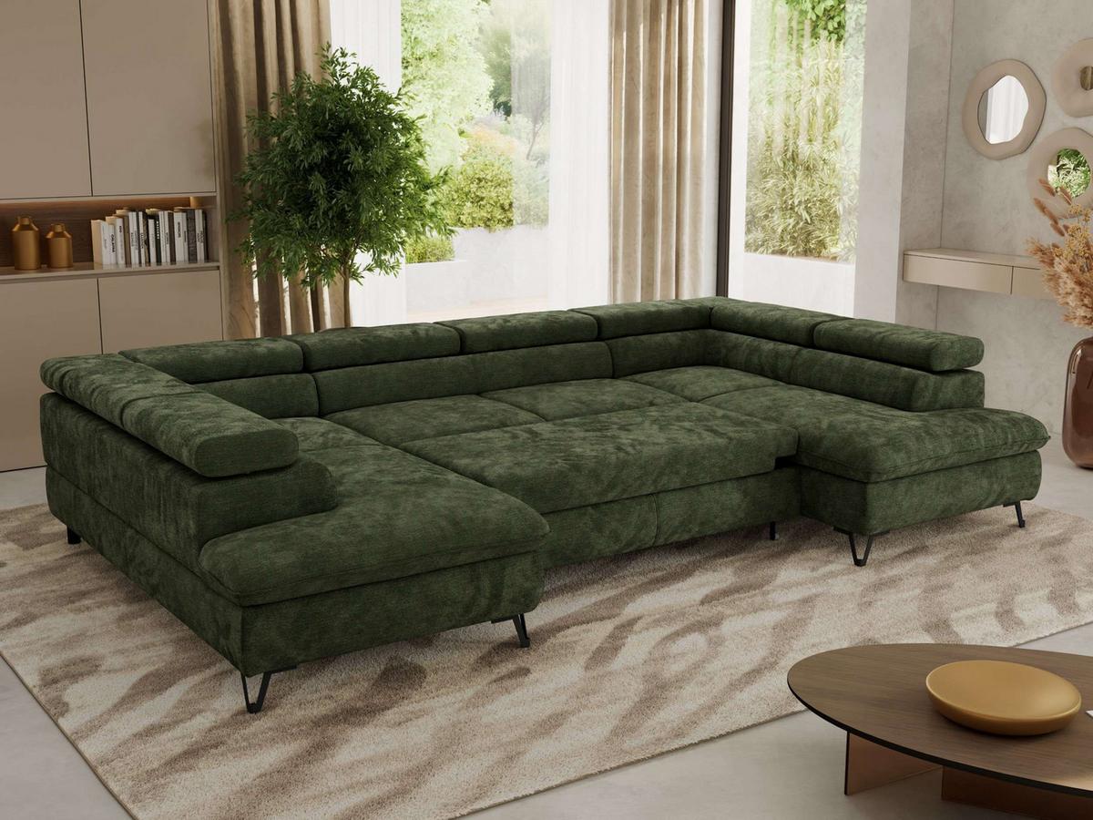 WOHNLANDSCHAFT PABLO U Schenille glatt Dunkelgrün - Dunkelgrün/Schwarz, Textil/Metall (346/76/208cm) - MKS