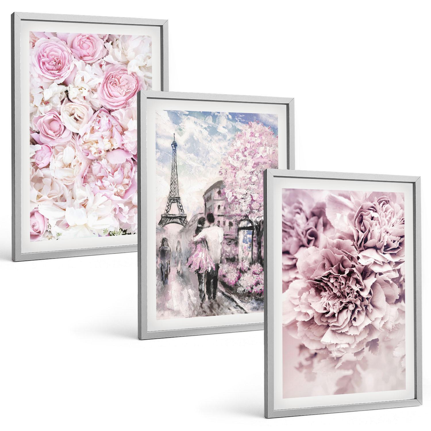 BILDER SET 3er Set - 40x60 cm Silberner Rahmen - Blumenlandschaft in Rosatönen - Silberfarben, Kunststoff (40/60cm) - TULUP