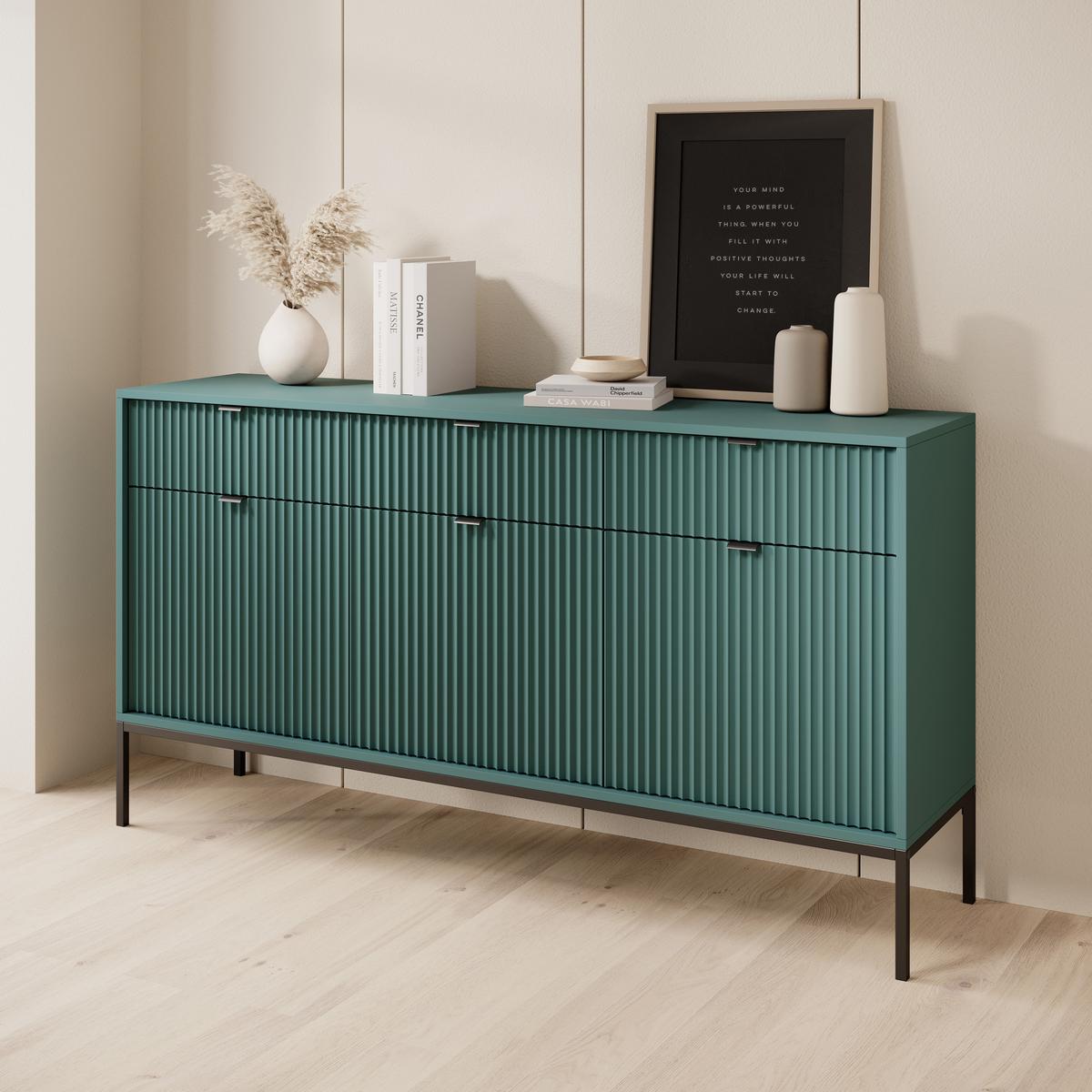 SIDEBOARD STELLARE 154/83/39 cm mit 3 Schubladen 3 Türen Hellgrün - Schwarz/Hellgrün, Holzwerkstoff (154/83/39cm) - MASSENO